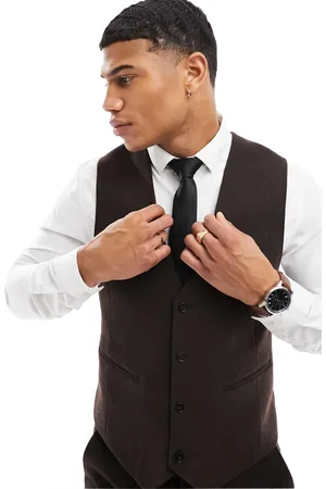 ASOS Wedding slim wool mix suit waistcoat in dark basketweave texture