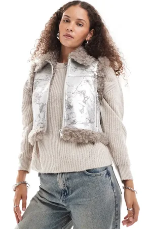 Monki Faux fur aviator gilet with shearling trims in distressed