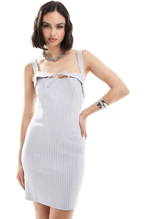 ASOS Pinstripe mini dress with tie detail in grey stripe