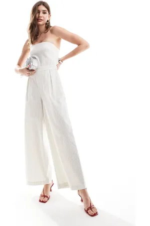 Pretty Lavish Strapless jumpsuit with pockets in cream stripe
