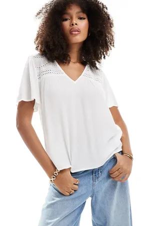 VILA Broderie detail top with v neck in cream