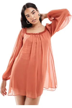 ASOS Ruffle neck mini smock dress in rust