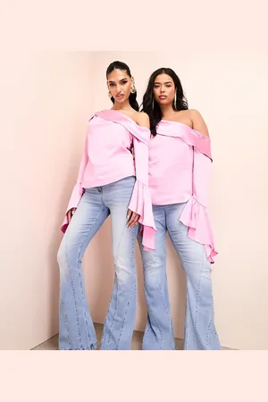 ASOS Curve off shoulder satin draped top with exaggerated sleeve in