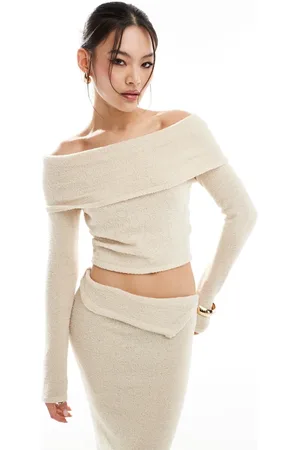 Simmi London Simmi fluffy knit bardot jumper co-ord in beige