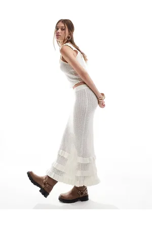 Miss Selfridge Crochet maxi skirt with frill detail in cream co-ord
