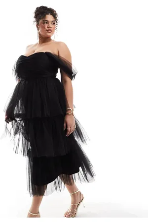 Lace & Beads Ruched tulle tiered midi dress in
