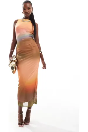 Rare Fashion London mesh racer neck maxi dress in orange ombre