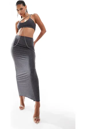 ASOS Cross strap hotfix midi dress with diamante body chain detail in charcoal
