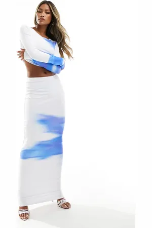 Simmi London Simmi placement print maxi skirt co-ord in white and blue