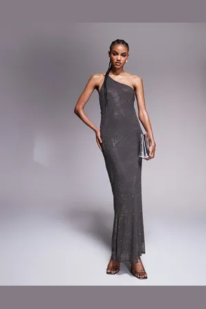 ASOS Artwork hotfix one shoulder maxi dress with open back in charcoal