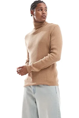 Brave Soul Cotton ribbed roll neck jumper in tan