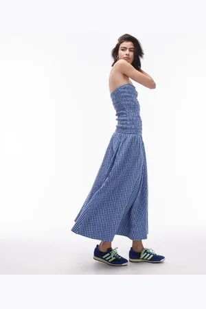 Topshop Shirring check bandeau maxi dress in