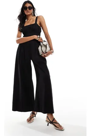 & OTHER STORIES Linen blend wide leg jumpsuit with ruche bodice detail and square neckline in