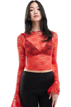 Daisy Street Boat neck long sleeve lace top with tie sleeves in lace
