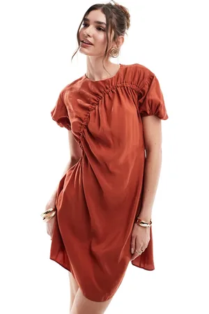 ASOS Puff sleeve mini smock dress with ruching detail in rust