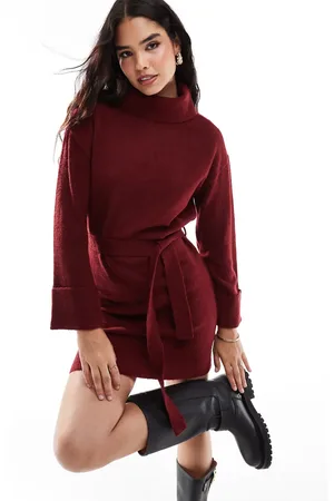 VILA Roll neck mini jumper dress with tie waist in