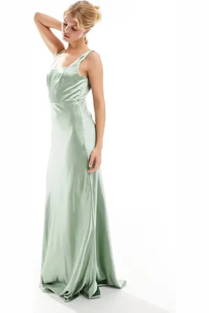 Six Stories Bridesmaid square neck satin maxi dress in sage