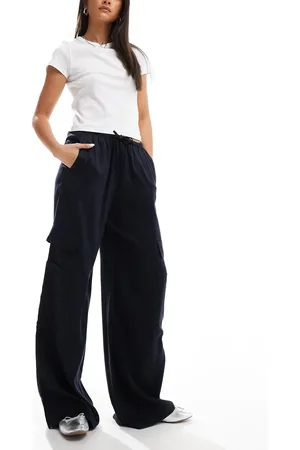 Bershka Tie waist cargo wide leg trousers in navy