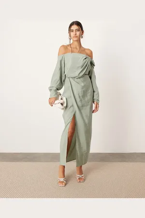 ASOS Twist off shoulder midi dress with cut out detail in sage