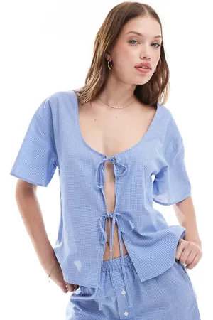 Luna Short sleeve tie front top pyjama co ord in gingham
