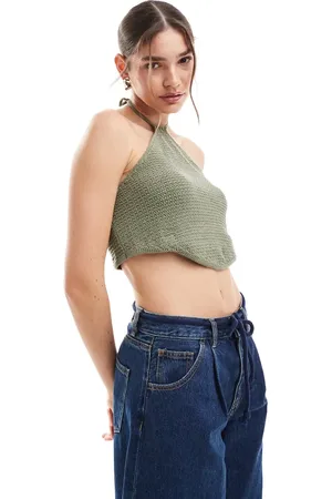 JJXX Crochet halterneck top in khaki