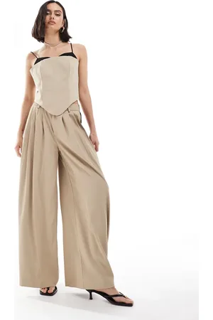 Extro & Vert Highwaisted pleated palazzo trousers in stone & black co-ord