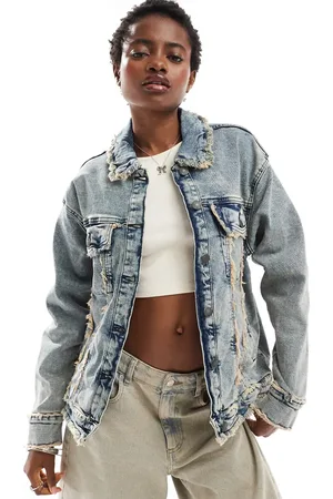 Noisy May Denim jacket with open fray in acid wash