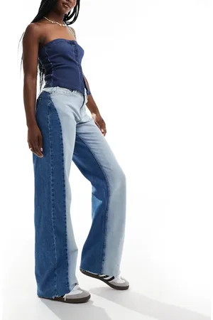 Noisy May Colourblock wide leg jean in mid wash