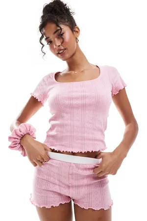 ASOS Pointelle short sleeve top & short pyjama set with scrunchie in