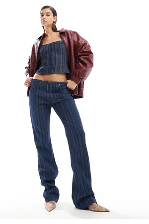 Lioness Denim low rise flared leg jeans co-ord in dark blue pinstripe