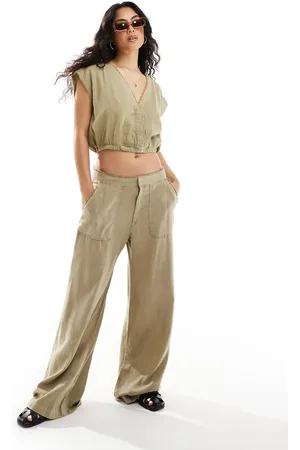 Pull&Bear Wide leg linen trouser co-ord with raw hem in light khaki
