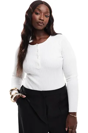 In The Style Ribbed button detail round neck body in ecru