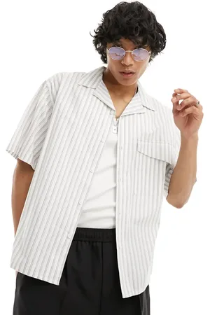 COLLUSION Oversized poplin revere short sleeve shirt in grey stripe