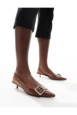 ASOS Sleek buckle detail slingback kitten heeled shoes in tan