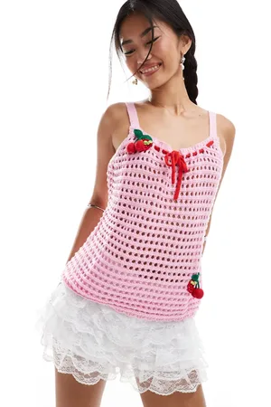 Neon Rose Pointelle cherry applique cami co-ord in