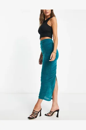 Topshop Premium ruched mesh midi skirt in teal