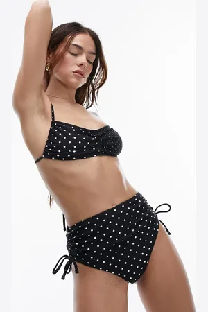 Topshop Mix and match polka dot ruche side high waist bikini bottoms in monochrome
