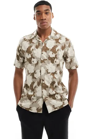 Only & Sons Linen mix revere collar floral shirt in beige