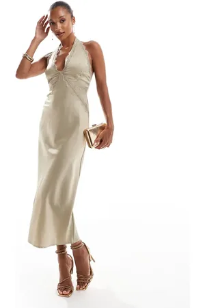 Rare Fashion London lace trim satin midaxi dress in olive