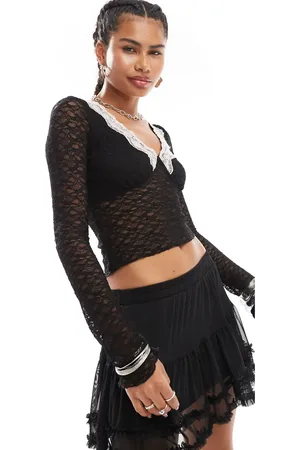 Motel Chantal long sleeve lace edge top in and pink