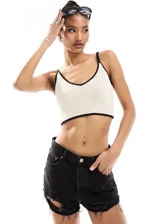 In The Style Knitted crop top co-ord with contrast trim in cream