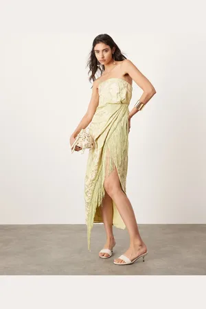 ASOS Embroidered drape bandeau midi dress with fringe in olive