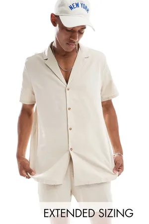 ASOS Relaxed deep revere linen shirt in stone