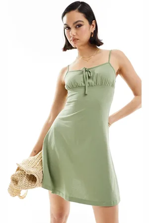 ASOS Cami ruched bust mini dress with flare hem in khaki