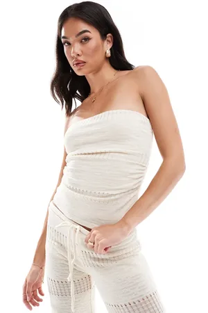 Pull&Bear Cutwork textured bandeau top co-ord in ecru