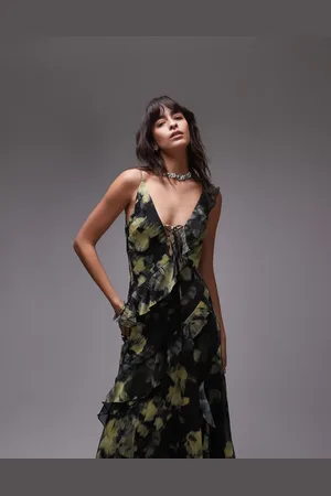 Topshop Maxi slip dress with frills in yellow and floral