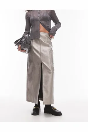 Topshop Faux leather split midi skirt in gunmetal