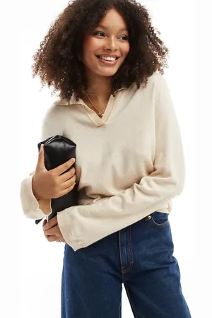 Object V neck knitted polo jumper in cream melange