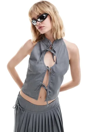 COLLUSION Co-ord high neck tie front top with keyhole and contrast ties