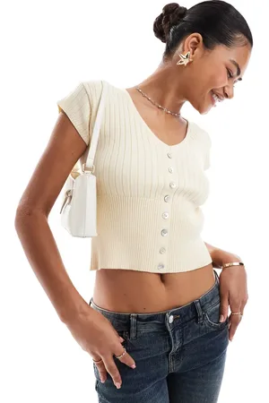Motel Dawira button through scoop neck ribbed top in ivory